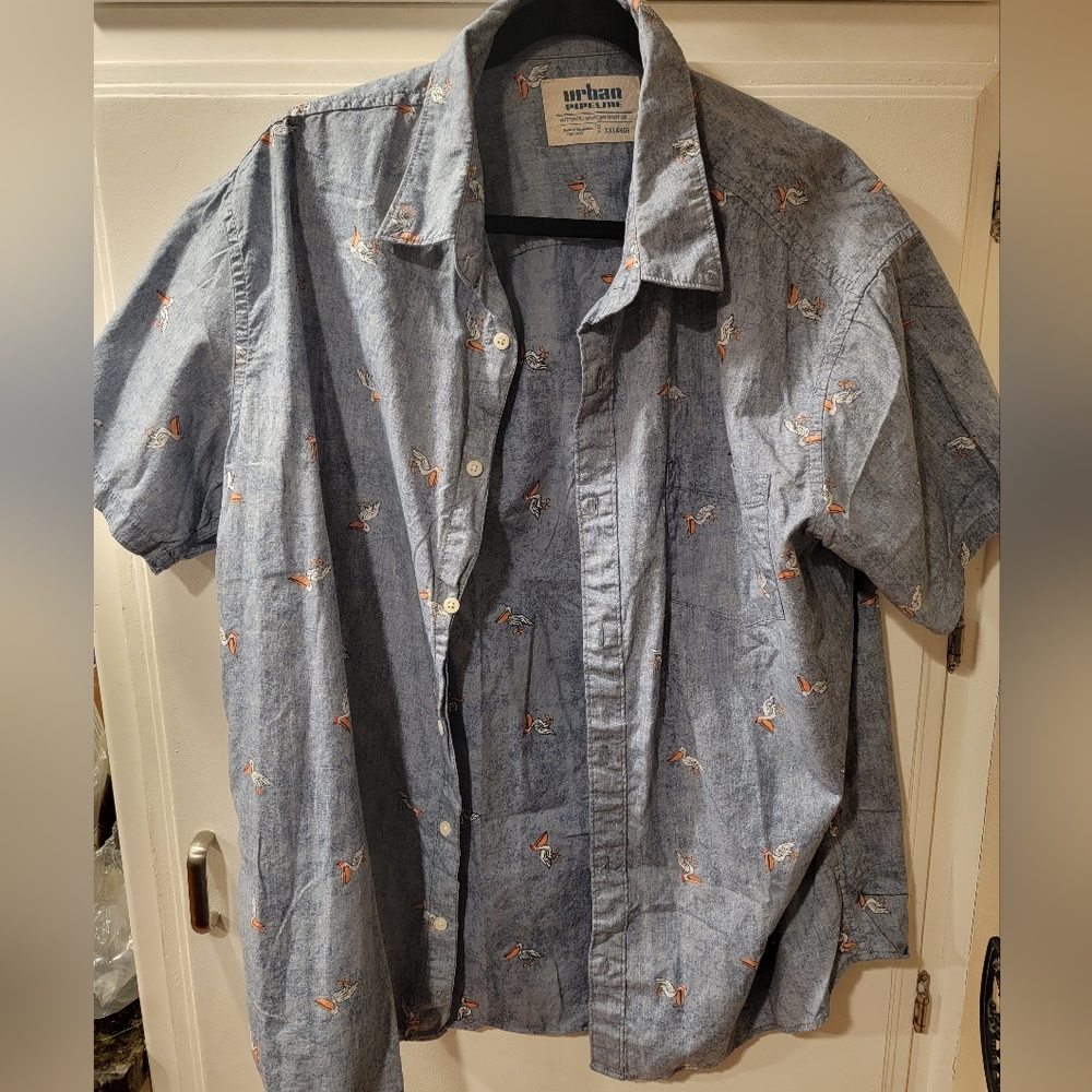 Urban Pipeline Mens XXL Blue Pelican Print Short Sleeve Button Front Shirt